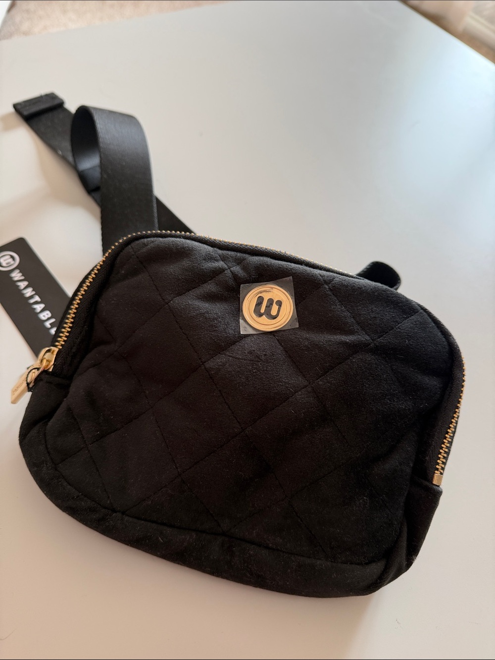 NWT Black Quilted Crossbody Belt Bag with Gold Accent